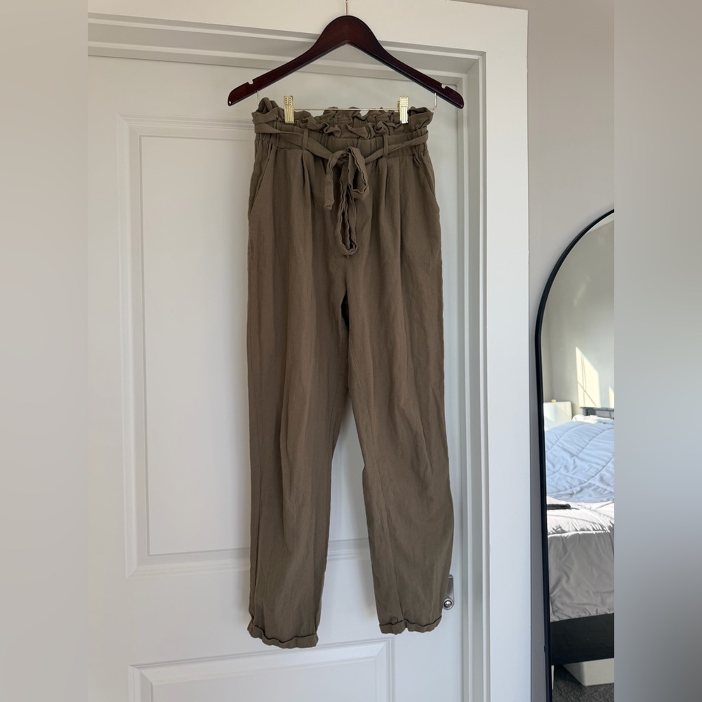 Olive Green Paperbag Waist Tie Belted High Rise Pants Large Casual 100% Cotton - Picture 8 of 9